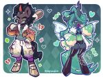  1boy 1girl :d absurdres animal_ears baseball_bat black_bra black_hair black_shorts black_thighhighs border bow-shaped_hair bra brown_footwear candy collar colored_sclera colored_skin crown food full_body fur_trim furry gradient_background green_background green_eyes green_hair green_jacket green_sclera grey_shirt grey_skin hair_ornament hairclip heart highres holding holding_baseball_bat holding_candy holding_food holding_lollipop horse_ears horse_girl horse_tail insect_wings jacket king_sombra lollipop looking_at_viewer mini_crown my_little_pony my_little_pony:_friendship_is_magic navel oofycolorful open_mouth orange_jacket queen_chrysalis red_eyes shirt shorts simple_background sleeves_past_fingers sleeves_past_wrists smile spiked_collar spikes standing tail thighhighs tongue tongue_out underwear unicorn_horn white_border white_shorts wings 