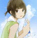  bangs bare_shoulders blue_sky blush bottle brown_eyes brown_hair cloud commentary_request dated day eyebrows_visible_through_hair from_side green_shirt highres holding holding_bottle looking_at_viewer looking_to_the_side open_mouth original sako_(user_ndpz5754) shirt short_hair short_ponytail short_sleeves sidelocks signature sky solo sweat tareme towel towel_around_neck upper_body water_bottle 