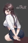  1girl arms_behind_back ass black_background black_skirt blush bra_visible_through_clothes breasts brown_eyes brown_hair commentary crop_top cropped_shirt cropped_torso desk drone earrings goddess_of_victory:_nikke hair_between_eyes highres jewelry large_breasts long_hair marciana_(nikke) marciana_(school_days)_(nikke) midriff official_alternate_costume on_desk parted_lips pencil_skirt sagle see-through_clothes see-through_shirt shirt sidelocks simple_background sitting skirt sleeves_rolled_up solo sweat underwear white_shirt 