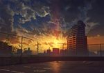  broken_fence building cloud cloudy_sky commentary_request fence mocha_(cotton) no_humans original outdoors parking_lot plant ruins scenery sky skyline skyscraper sunset tree 