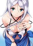  adapted_costume bikini blue_eyes braid breasts cleavage fingernails gradient gradient_background highres kamelie kantai_collection large_breasts long_hair mole mole_under_eye silver_hair single_braid smile solo swimsuit umikaze_(kantai_collection) very_long_hair 