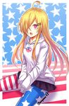  :d ahoge alternate_costume american_flag american_flag_legwear black_skirt blonde_hair blush breasts character_name clownpiece commentary_request dated drawstring hair_ornament hair_over_one_eye hairclip hood hood_down koissa long_hair long_sleeves medium_breasts miniskirt open_mouth pantyhose pink_eyes sidelocks sitting skirt sleeves_past_wrists smile solo spider-man_(series) star star_print straight_hair striped striped_legwear sweater touhou white_sweater 