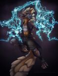 2025 absurd_res anthro belt big_tail boots bottomwear capcom claws clothed clothing ears electricity electricity_manipulation elemental_manipulation fan_character fanged_wyvern footwear fuse_(razim) grey_body grey_scales hi_res jacket lightning lunagaron magic male monster_hunter orange_body orange_eyes orange_scales padded_palms scales scalie shirt shoes shorts spikes tail tobi-kadachi tobi-lunagaron toe_claws topwear xk2x
