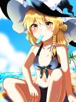  alternate_costume beach bikini blonde_hair blush braid breasts collarbone commentary day eating food footprints french_braid front-tie_bikini front-tie_top hand_on_thigh hat kirisame_marisa long_hair looking_at_viewer mouth_hold navel palm_tree popsicle seaside side_braid single_braid sitting small_breasts solo swimsuit touhou tree witch_hat yellow_eyes yururi_nano 