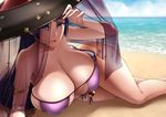  absurdres breasts cleavage eyepatch_bikini f.w.zholic fate/grand_order fate_(series) hat highres huge_breasts long_hair looking_at_viewer lying minamoto_no_raikou_(fate/grand_order) minamoto_no_raikou_(swimsuit_lancer)_(fate) on_side parted_lips purple_hair revision solo swimsuit thighs very_long_hair 
