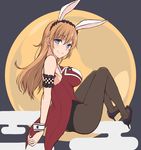  animal_ears bare_shoulders black_legwear blue_eyes bunny_ears bunnysuit charlotte_e_yeager high_heels long_hair looking_at_viewer momiji7728 moon orange_hair pantyhose sitting smile solo strike_witches world_witches_series wrist_cuffs 
