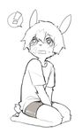  ! blush clothing cub kneeling lagomorph male mammal pinknuss rabbit shirt shorts simple_background solo t-shirt tears young 