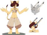 4:3 anthro barefoot cat chest_wraps cute_fangs darkluxia digitigrade eyes_closed feline front_view grin hair hair_over_eye headphones headshot_portrait male mammal model_sheet open_mouth panty_peek portrait sher smile solo spread_arms standing wraps 