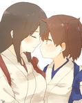  akagi_(kantai_collection) artist_name black_hair blush breasts brown_eyes brown_hair closed_eyes closed_mouth commentary_request eyebrows_visible_through_hair hair_between_eyes hair_tie ina_(1813576) japanese_clothes kaga_(kantai_collection) kantai_collection kimono long_hair medium_breasts multiple_girls side_ponytail simple_background straight_hair tasuki upper_body white_background white_kimono 