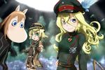  ahoge blonde_hair blue_eyes colored_eyelashes cosplay costume_switch creature fusion genya_(genya67) hat highres long_hair looking_at_viewer lyza lyza_(cosplay) made_in_abyss military military_uniform moomin moomintroll multiple_girls short_hair smile tanya_degurechaff tanya_degurechaff_(cosplay) uniform very_long_hair viktoriya_ivanovna_serebryakov youjo_senki 