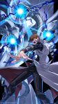  1boy artist_name aura black_pants blue-eyes_ultimate_dragon blue_eyes brown_hair coat dragon dragon_wings duel_monster energy glowing hair_between_eyes highres kaiba_seto male_focus multiple_heads open_mouth outstretched_arm pants powering_up sharp_teeth teeth white_coat wings yu-gi-oh! yu-gi-oh!_duel_monsters zealmaker 