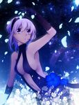  arm_support arm_up black_gloves black_hairband blue_flower breasts cleavage elbow_gloves fate/prototype fate/prototype:_fragments_of_blue_and_silver fate_(series) flower gloves hairband hassan_of_serenity_(fate) highres medium_breasts midriff navel parted_lips petals purple_eyes short_hair side_ponytail silver_hair solo stomach white_flower yamato_(tomaya) 