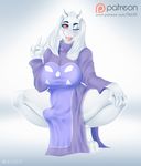  2017 anthro big_breasts blush boss_monster breasts bulge caprine claws clothed clothing crouching dickgirl fangs fur goat horn intersex llmixll looking_at_viewer mammal one_eye_closed open_mouth patreon red_eyes solo spread_legs spreading toe_claws toriel undertale v_sign video_games white_fur wink 