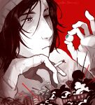  1boy black_eyes black_hair blue_eyes bright_pupils building cigarette city closed_mouth dream_smp explosion frown greyscale_with_colored_background hat highres holding holding_cigarette holding_eyeball long_sleeves looking_at_object male_focus minecraft_youtube mole mole_on_cheek mole_on_hand mole_on_nose mole_under_eye monochrome quackity red_background red_theme scar scar_across_eye scar_on_arm scar_on_face scar_on_hand shirt signature simple_background skyline skyscraper sleeves_rolled_up solo space_needle spot_color squinting white_pupils white_shirt winter_mornings 