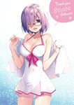  blue_background blush bow bow_swimsuit breasts cleavage collarbone covered_navel dress dress_swimsuit english fate/grand_order fate_(series) glasses hair_over_one_eye halterneck heart holding holding_towel large_breasts looking_at_viewer mash_kyrielight masuishi_kinoto open_mouth pink_bow pink_hair purple_eyes short_hair sleeveless sleeveless_dress speech_bubble swimsuit swimsuit_of_perpetual_summer towel upper_body white_background white_swimsuit white_towel 