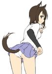  :3 animal_ears ass blue_skirt brown_eyes brown_hair dog_ears dog_tail hakama_skirt hip_vent japanese_clothes kuroda_kunika lifted_by_self looking_at_viewer momiji7728 noble_witches panties panty_tug pantyshot pleated_skirt short_hair skirt skirt_lift solo tail undershirt underwear v white_panties world_witches_series 
