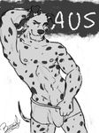 2016 anthro basch biped boxers_(clothing) bulge canine character_name claus_kruger clothed clothing dalmatian digital_drawing_(artwork) digital_media_(artwork) dog eyebrows front_view fur greyscale hand_behind_head hi_res looking_at_viewer male mammal monochrome nipples pepsi_(fa) pinup portrait pose raised_eyebrow signature simple_background smile solo spots spotted_fur standing three-quarter_portrait topless underwear white_background 