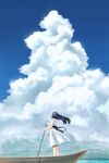  absurdres bare_arms bare_shoulders black_hair blue_sky boat cloud cloudy_sky commentary day dress floating_hair from_behind highres horizon looking_up ocean onita original paddle sash scenery sky solo standing sundress watercraft white_dress 