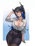  1girl absurdres arm_up asymmetrical_horns black_hair black_pantyhose black_skirt blue_hair blush bottle breasts cleavage collared_shirt colored_inner_hair commentary cowboy_shot demon_horns dress_suit earrings english_commentary flower gold_necklace high-waist_skirt highres holding holding_bottle hololive hololive_english horn_flower horns jewelry large_breasts long_hair looking_at_viewer mole mole_under_eye multicolored_hair necklace nerissa_ravencroft nerissa_ravencroft_(casual) office_lady official_alternate_costume official_alternate_hair_length official_alternate_hairstyle pantyhose parted_lips pencil_skirt ponytail red_eyes seventeencrows shirt shirt_tucked_in simple_background skirt sleeves_past_elbows solo two-tone_hair uneven_horns very_long_hair virtual_youtuber white_shirt 