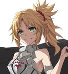  :d armband armor bare_shoulders blonde_hair boobplate breastplate collar commentary eyebrows_visible_through_hair fate/apocrypha fate/grand_order fate_(series) green_eyes grin long_hair looking_at_viewer mordred_(fate) mordred_(fate)_(all) open_mouth parted_lips ponytail simple_background smile solo tonee upper_body v-shaped_eyebrows white_background 