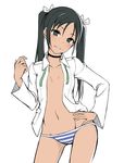  :3 beckoning black_eyes black_hair bow choker come_hither francesca_lucchini groin hair_bow hand_on_hip long_hair looking_at_viewer midriff momiji7728 naughty_face navel open_clothes open_shirt panties shirt solo strike_witches striped striped_panties twintails underwear world_witches_series 