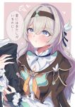  1girl 1other :t absurdres arm_hug black_hairband black_jacket blue_eyes blue_pupils blush border closed_mouth collared_shirt commentary_request crossed_bangs firefly_(honkai:_star_rail) grey_hair hair_between_eyes hair_intakes hairband highres honkai:_star_rail honkai_(series) jacket long_hair long_sleeves looking_to_the_side neckerchief orange_neckerchief outside_border pink_background pink_eyes pout puff_of_air shirt sidelocks simple_background solo_focus speech_bubble tefutefufu two-tone_eyes upper_body white_border white_shirt 