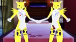  2017 3d_(artwork) animal_genitalia animal_penis anthro areola balls bed blush breasts canine canine_penis digimon digital_media_(artwork) duo erection female fox hand_holding knot looking_at_viewer male malicekira mammal nipples nude one_eye_closed open_mouth penis renamon smile wink 