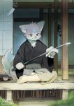 absurd_res anthro asian_clothing canid canine canis clothing detailed_background east_asian_clothing hi_res katana male mammal melee_weapon raferafe sitting solo sword weapon wolf
