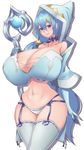  1girl absurdres bare_shoulders blue_eyes blue_gloves blue_hair bluespice breasts cleavage collarbone curvy elbow_gloves female garter_straps gloves hair_ornament hood huge_breasts long_hair looking_at_viewer navel original panties ribbon simple_background smile solo staff standing thighhighs very_long_hair white_background white_legwear wide_hips witch 