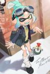  1girl aviator_goggles bag black_bag black_footwear black_shorts blazer blue_hair blue_jacket blue_necktie blue_tongue blurry blurry_background brick_wall collared_shirt colored_tongue commentary dolphin_shorts fangs full_body goggles goggles_on_head hair_bun hand_up highres inkling inkling_girl inkling_player_character jacket lantern_madoyoi long_sleeves looking_at_viewer loose_socks necktie one_eye_closed open_clothes open_jacket open_mouth outdoors pointy_ears salmonid sample_watermark school_bag school_uniform shirt short_hair shorts shoulder_bag sidelocks single_hair_bun smallfry_(splatoon) smile socks solo splatoon_(series) standing sweater_vest symbol-only_commentary tentacle_hair watermark white_shirt white_socks yellow_eyes yellow_sweater_vest 