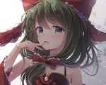  alternate_costume bangs bare_shoulders bow breasts cleavage detached_sleeves dress eyebrows_visible_through_hair finger_to_mouth frilled_ribbon frills front_ponytail green_eyes green_hair hair_between_eyes hair_bow hair_ribbon hand_to_own_mouth kagiyama_hina leaf long_hair looking_at_viewer maple_leaf medium_breasts open_mouth ribbon sleeveless sleeveless_dress solo touhou toyosaki_shu 