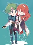  1girl :d ^_^ alm_(fire_emblem) armor cape carrying celica_(fire_emblem) chibi closed_eyes copyright_name couple dress earrings fingerless_gloves fire_emblem fire_emblem_echoes:_mou_hitori_no_eiyuuou gloves green_hair hetero jewelry long_hair open_mouth princess_carry red_eyes red_hair smile thighhighs tiara 