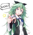  1girl baileys_(tranquillity650) bang bangs black_ribbon blue_eyes blue_neckwear blush breasts detached_sleeves finger_gun green_hair hair_between_eyes hair_ornament hair_ribbon hairclip head_tilt highres kantai_collection long_hair looking_at_viewer messy_hair neckerchief open_mouth ponytail ribbon school_uniform serafuku sidelocks signature simple_background solo star white_background yamakaze_(kantai_collection) 