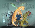 absurd_res arrow_(weapon) bald black_body boots bottomwear clothing dragonite eye_scar facial_scar fire footwear generation_1_pokemon generation_5_pokemon generation_6_pokemon green_body group gym_leader haxorus hi_res horn human jhony_ryu locke_(pokemon_reloaded) male mammal mega_charizard mega_charizard_x mega_evolution melee_weapon nintendo orange_body pants pokemon pokemon_(species) pokemon_reloaded ranged_weapon scar shoes sword weapon wings