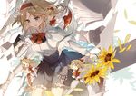  alice_margatroid asuka_(louyun) blonde_hair blouse blue_eyes blue_skirt book bow bowtie capelet doll_joints flower hairband high-waist_skirt holding holding_book long_sleeves petals red_bow red_neckwear shanghai_doll skirt solo sunflower touhou white_background white_blouse 