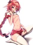  astolfo_(fate) black_ribbon braid fang fate/apocrypha fate/grand_order fate_(series) hair_ribbon highres long_hair looking_at_viewer male_focus mappaninatta navel nipples open_mouth otoko_no_ko purple_eyes red_skirt revision ribbon school_uniform serafuku short_sleeves simple_background single_braid skirt solo thighhighs white_background white_legwear 