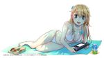  bikini blonde_hair blush breasts commentary_request end_card eyebrows_visible_through_hair flower gamers! green_eyes hair_between_eyes hair_flower hair_ornament highres long_hair looking_at_viewer medium_breasts playing_games shikidouji sitting solo swimsuit tendou_karen 