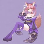  :3 animal_ears blue_legwear breasts cleavage collarbone detached_sleeves fate/extra fate/grand_order fate_(series) fox_ears fox_tail hair_ribbon hare_(mozaikuroru-gumi) highres japanese_clothes large_breasts lavender_background long_hair looking_at_viewer open_mouth pink_hair ribbon simple_background solo tail tamamo_(fate)_(all) tamamo_no_mae_(fate) yellow_eyes 