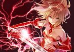  :d armor bandeau bangs bare_shoulders bikini_armor blonde_hair braid breasts clarent cleavage detached_collar detached_sleeves elbow_gloves electricity eyebrows_visible_through_hair fate/apocrypha fate_(series) faulds gloves green_eyes hair_ornament hair_scrunchie holding holding_sword holding_weapon lightning long_hair looking_at_viewer medium_breasts midriff mordred_(fate) mordred_(fate)_(all) open_mouth parted_bangs parted_lips partially_translated ponytail red_background red_scrunchie scrunchie sidelocks simple_background smile solo strapless sword translation_request tsurime unsheathed v-shaped_eyebrows weapon yuzuki_karu 