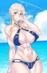  abs ahoge areola_slip areolae artoria_pendragon_(all) artoria_pendragon_(lancer) bangs bikini blonde_hair blush breasts cleavage covered_nipples cowboy_shot fate/grand_order fate_(series) green_eyes hair_between_eyes huge_breasts looking_at_viewer mizuumi_(bb) muscle muscular_female navel o-ring o-ring_bikini o-ring_top puffy_nipples sidelocks smile solo swept_bangs swimsuit 