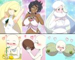  1other 3girls 4-finger_heart_hands anklet aqua_gemstone arms_behind_head bead_necklace beads black_hair blonde_hair blue_eyes blush breasts closed_eyes cup dark-skinned_female dark_skin diamond_(gemstone) diamond_(shape) diamond_earrings dress drinking_glass drinking_straw earrings food fruit fur_collar gem glass green_eyes green_gemstone hair_over_one_eye halter_shirt halterneck hands_on_own_chest heart heart_hands jewelry large_breasts lemon lemon_slice lemonade long_hair long_sleeves lusamine_(pokemon) lychee mature_female melon melony_(pokemon) midriff multicolored_hair multiple_girls navel neck_ring necklace nose_blush olivia_(pokemon) open_mouth pearl_earrings pink_gemstone pink_lips pink_shirt pokemon pokemon_sm pokemon_swsh purple_shorts raised_eyebrows ring shirt short_dress short_hair shorts sleeveless sleeveless_dress small_breasts smile streaked_hair sweater upper_body ushanka viewer_self-insert wedding_ring white_dress white_sweater zuchysdraws 