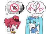  2girls blue_eyes blue_hair blush bright_pupils censored drill_hair hatsune_miku holding_hands_is_lewd kasane_teto meme mesmerizer_(vocaloid) multiple_girls nejikyuu red_eyes red_hair twin_drills vocaloid waitress 