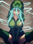  at2. blue_hair breasts charged_creeper cleavage creeparka creeper electricity fang glowing glowing_hair green_hoodie green_legwear grin hair_between_eyes highres hood hooded_sweater large_breasts long_sleeves looking_at_viewer minecraft open_mouth personification red_eyes smile solo sweater thighhighs torn_clothes 