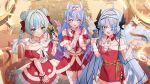  3girls ahoge bell blue_eyes blue_hair blush bow breasts bright_pupils bun_with_braided_base cable choker christmas_ornaments christmas_tree closed_mouth collar collarbone detached_collar double_bun dragon_horns dragon_tail dress frilled_choker frills fur-trimmed_collar fur-trimmed_dress fur_trim gift gradient_hair green_eyes grey_hair hair_bun hair_intakes hair_ribbon heart heart_necklace highres holding holding_bell holding_gift horns jewelry kamishiro_rita long_hair multicolored_hair multiple_girls necklace noa_talent open_mouth paruo_orh pillow pink_hair pointy_ears pom_pom_(clothes) red_collar red_dress red_ribbon ribbon sagisawa_ria sample_watermark santa_costume santa_dress sayu_sincronisity smile streaked_hair symbol-shaped_pupils tail virtual_youtuber watermark white_choker white_pupils white_ribbon yellow_bow 