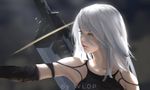 bare_shoulders blue_eyes elbow_gloves gloves highres long_hair mole mole_under_mouth nier_(series) nier_automata revision solo sword weapon white_background wlop yorha_type_a_no._2 
