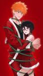  1boy 1girl absurdres alternate_costume bare_shoulders belt black_belt black_hair bleach blush bound bound_together bound_wrists bow brown_eyes christmas commentary cowboy_shot detached_sleeves double-parted_bangs dress eyebrows_hidden_by_hair frown fur-trimmed_dress fur-trimmed_sleeves fur_trim green_bow green_ribbon gwao_(_ul_13) hair_between_eyes height_difference highres hug korean_commentary kuchiki_rukia kurosaki_ichigo looking_at_another looking_at_viewer looking_down open_mouth orange_hair purple_eyes red_background red_dress ribbon santa_costume santa_dress short_hair simple_background spiked_hair strapless strapless_dress sweatdrop teeth upper_teeth_only zettai_ryouiki 