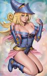  :p artist_name bare_shoulders blonde_hair blush_stickers boots breasts choker cleavage dark_magician_girl deviantart_username green_eyes highres kneeling large_breasts long_hair looking_at_viewer patreon_username realistic sciamano240 solo star tongue tongue_out wand watermark web_address yuu-gi-ou 