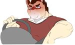  2017 5_fingers anger_vein annoyed anthro blue_eyes blush brown_hair clothed clothing driving equine fur hair half-closed_eyes horse jayteemule male mammal muscular muscular_male road_rage seatbelt sheeporwolf shirt short_hair simple_background sitting solo steering_wheel vein white_background white_fur 