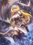  armor armored_dress bare_shoulders bird blonde_hair blue_eyes breasts chain cloud cloudy_sky commentary_request eyebrows_visible_through_hair fate_(series) faulds flag flower fur_trim gauntlets greaves headpiece jeanne_d'arc_(fate) jeanne_d'arc_(fate)_(all) kakumayu large_breasts light_rays looking_at_viewer open_mouth revision sky sleeveless solo sunbeam sunlight sword teeth thighhighs walking weapon 
