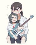  2girls aged_down bang_dream! bang_dream!_it&#039;s_mygo!!!!! black_hair black_pants blush criangle_k. earrings electric_bass_guitar grey_skirt invisible_chair jacket jewelry long_hair long_sleeves medium_hair multiple_girls open_mouth pants purple_eyes shiina_taki shirt short_sleeves simple_background single_earring sitting sitting_between_lap skirt sweatdrop time_paradox white_background white_jacket white_shirt yahata_umiri 